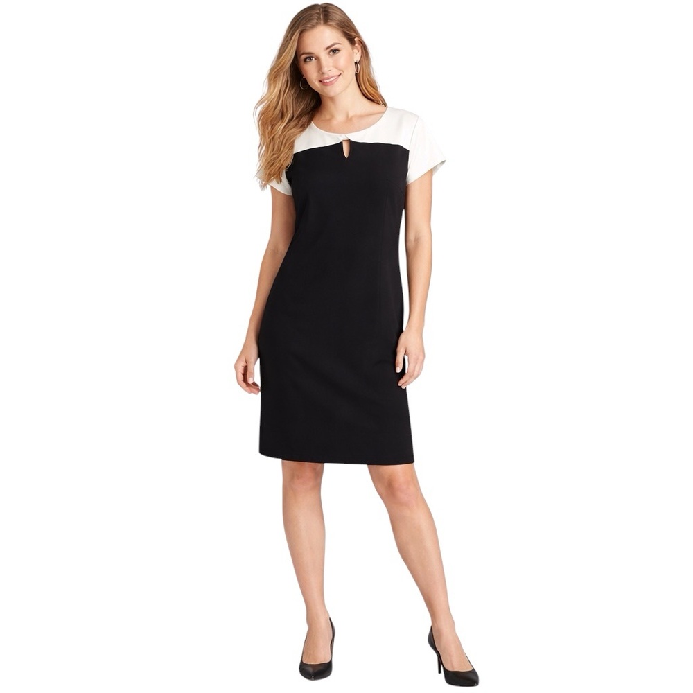 TALBOTS Black & Cream Short Sleeve Keyhole Twist Neck Sheath Dress. Size 12